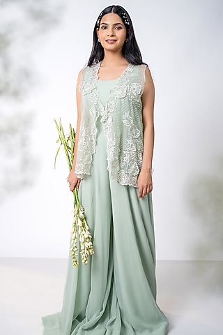 Mint Green Georgette Jumpsuit With Jacket by AANCHAL VIJAYWARGI