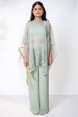 Mint Green Organza Pearl Embroidered Co-Ord Set by AANCHAL VIJAYWARGI