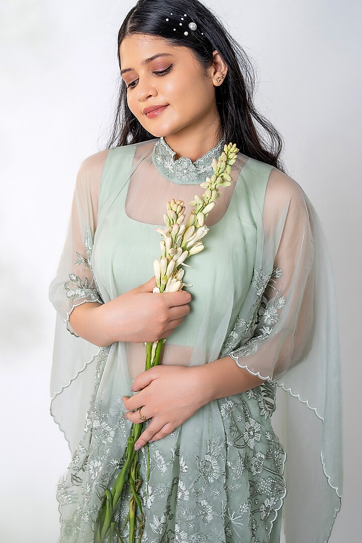 Mint Green Organza Pearl Embroidered Co-Ord Set by AANCHAL VIJAYWARGI at Pernia's Pop Up Shop