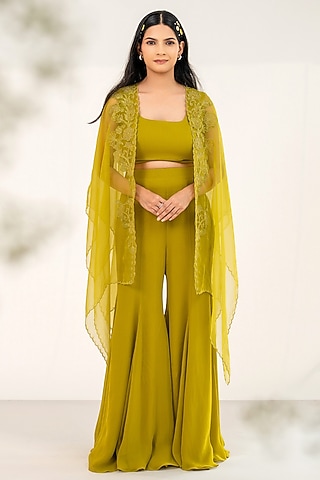 Olive Green Organza Floral Embroidered Cape Set by AANCHAL VIJAYWARGI