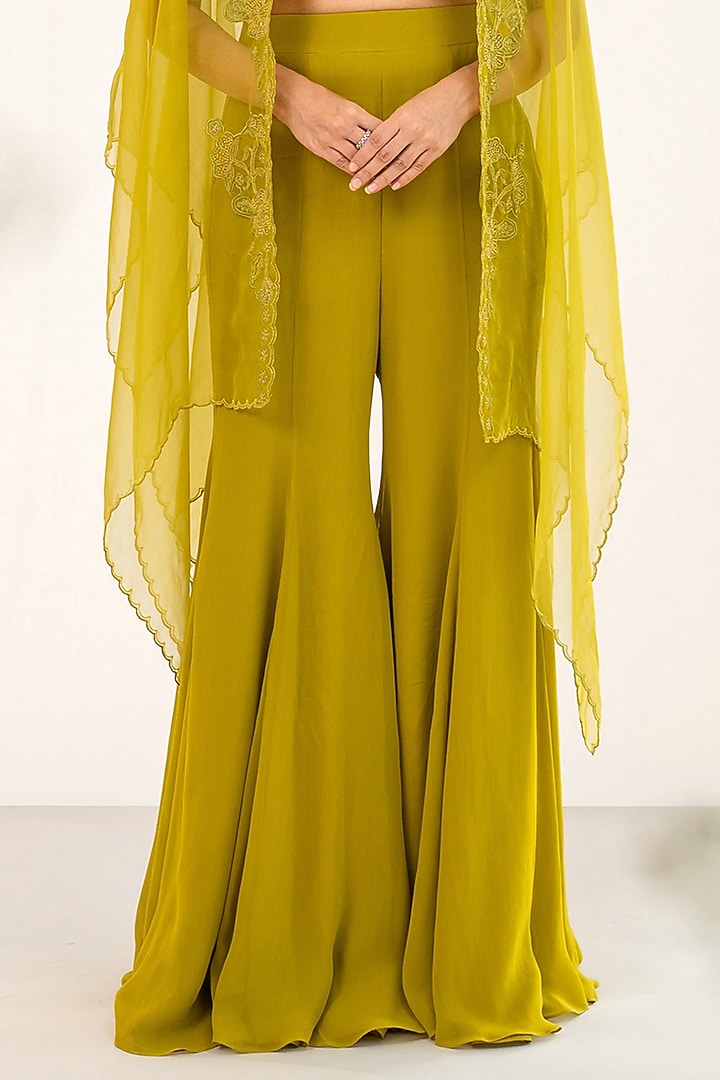 Olive Green Organza Floral Embroidered Cape Set by AANCHAL VIJAYWARGI at Pernia's Pop Up Shop