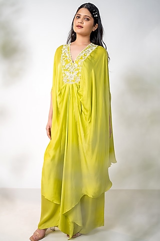 Lime Green Bemberg Satin Pearl Embroidered Kaftan Set by AANCHAL VIJAYWARGI