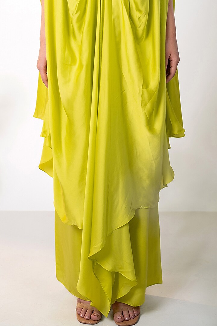 Lime Green Bemberg Satin Pearl Embroidered Kaftan Set by AANCHAL VIJAYWARGI at Pernia's Pop Up Shop