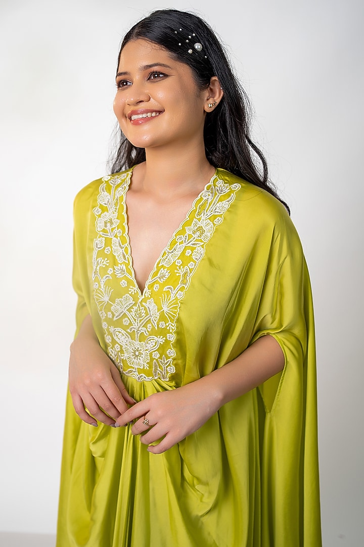 Lime Green Bemberg Satin Pearl Embroidered Kaftan Set by AANCHAL VIJAYWARGI at Pernia's Pop Up Shop