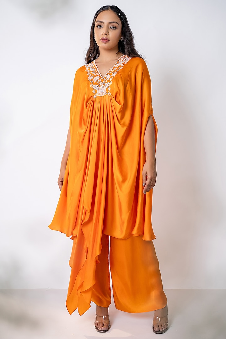 Orange Bemberg Satin Pearl Embroidered Kaftan Set by AANCHAL VIJAYWARGI