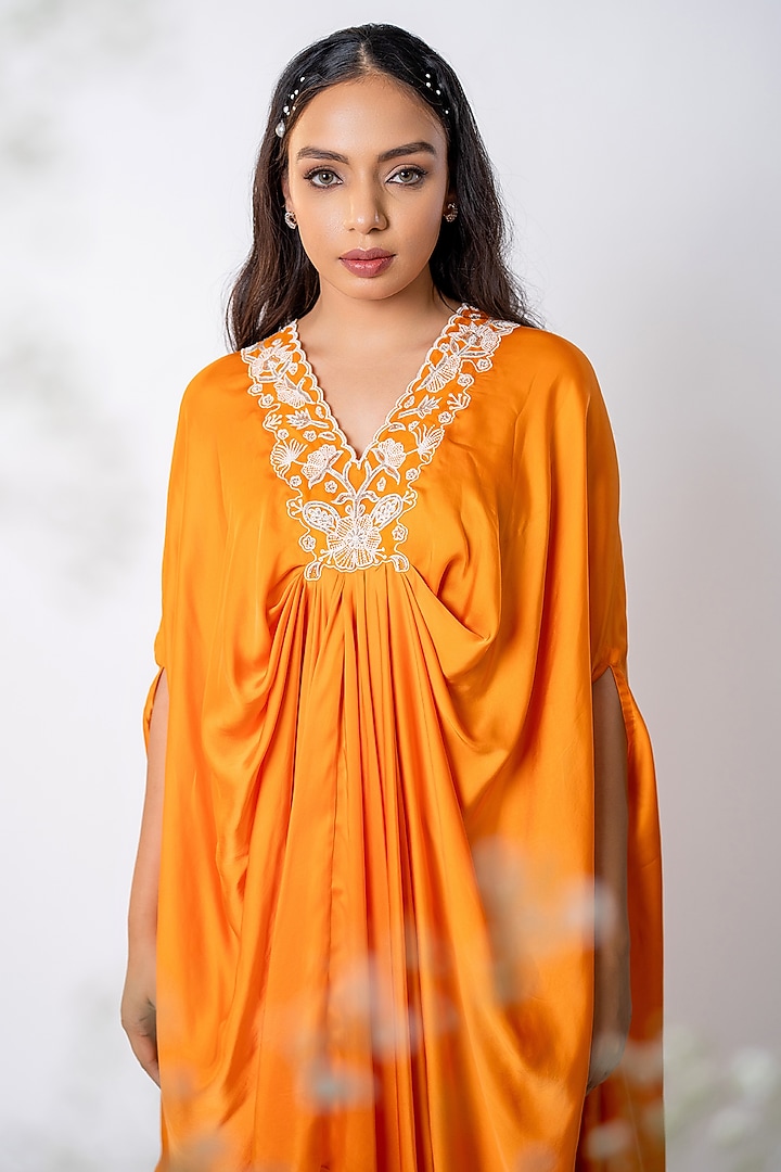 Orange Bemberg Satin Pearl Embroidered Kaftan Set by AANCHAL VIJAYWARGI at Pernia's Pop Up Shop