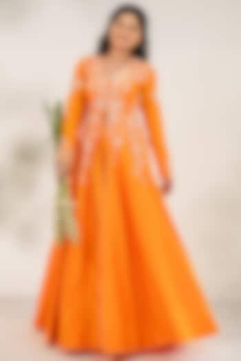 Orange Chanderi Floral Embroidered Jacket Set by AANCHAL VIJAYWARGI
