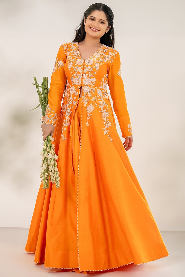 Orange Chanderi Floral Embroidered Jacket Set by AANCHAL VIJAYWARGI