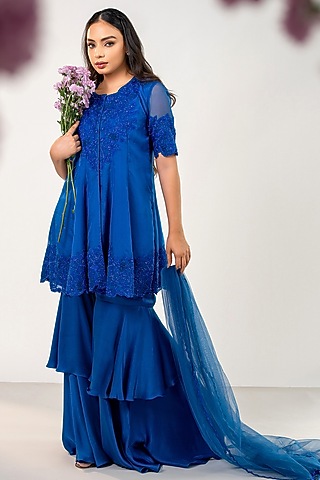 Electric Blue Bemberg Satin Sharara Set by AANCHAL VIJAYWARGI