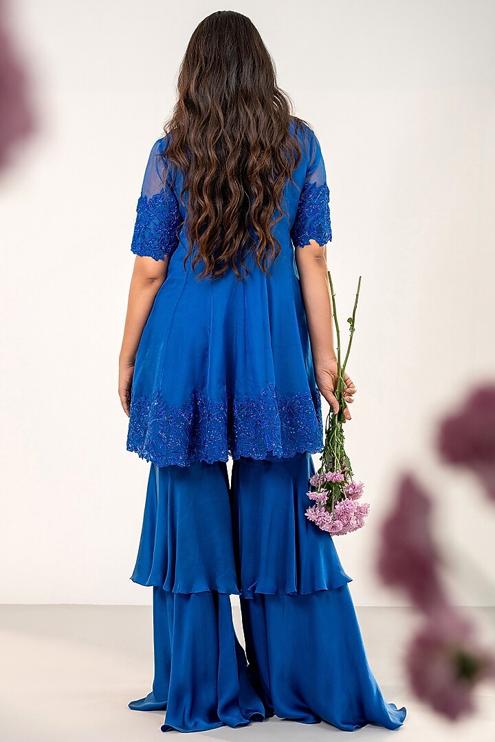 Electric Blue Bemberg Satin Wedding Sharara Set by AANCHAL VIJAYWARGI at Pernia's Pop Up Shop
