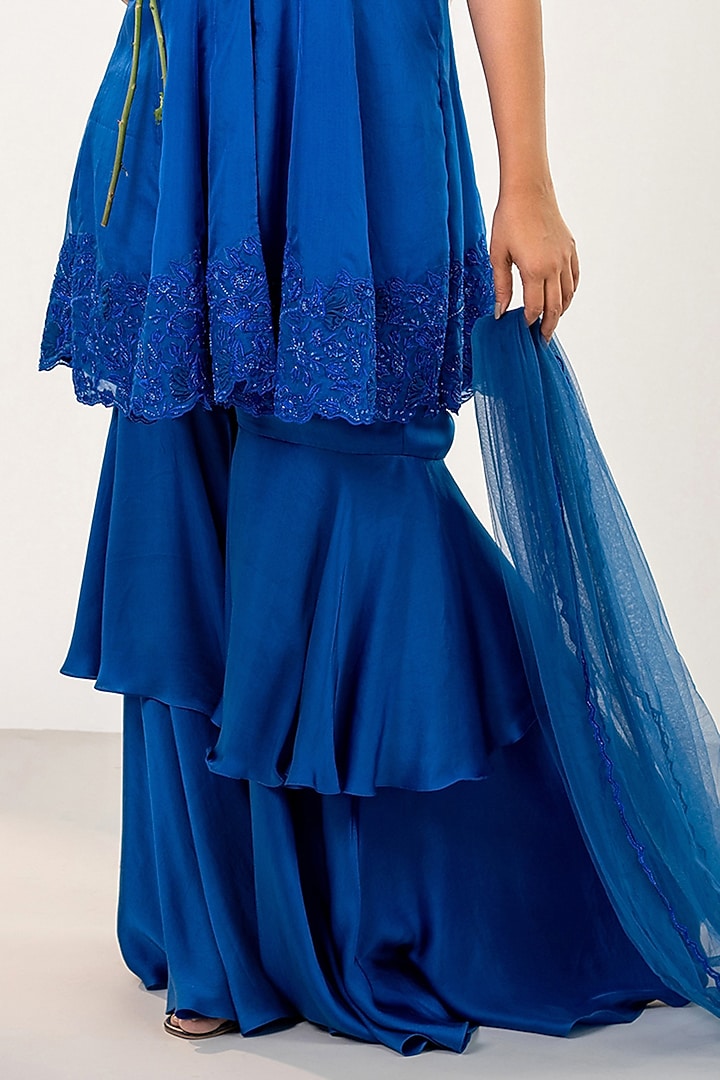 Electric Blue Bemberg Satin Wedding Sharara Set by AANCHAL VIJAYWARGI at Pernia's Pop Up Shop