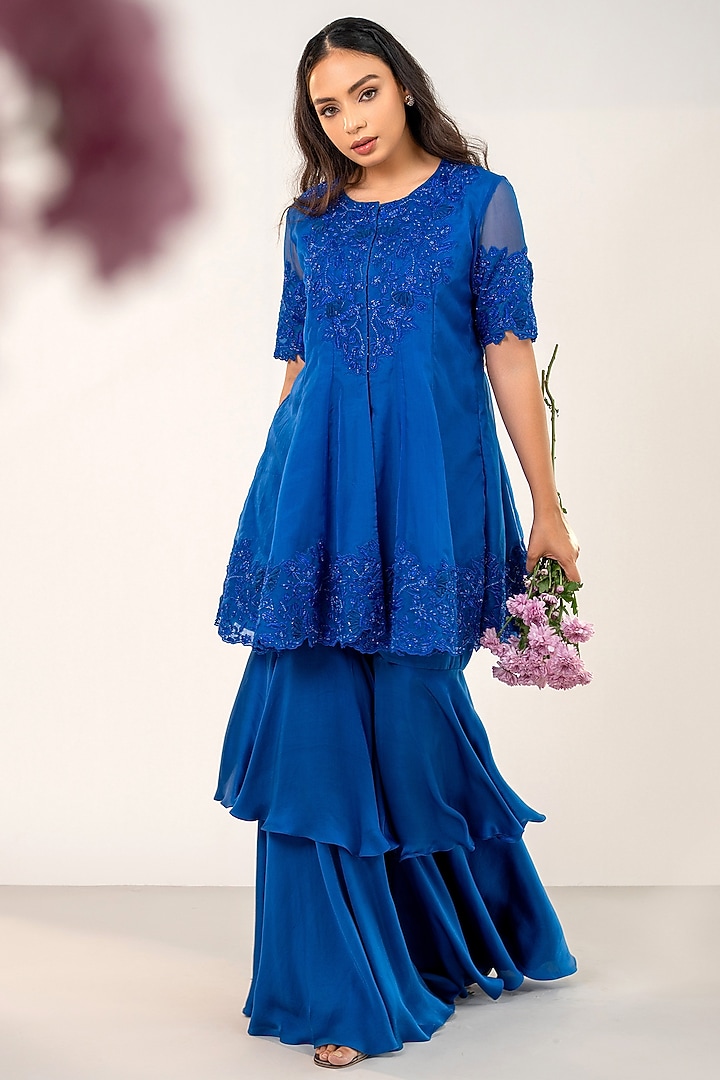Electric Blue Bemberg Satin Wedding Sharara Set by AANCHAL VIJAYWARGI at Pernia's Pop Up Shop
