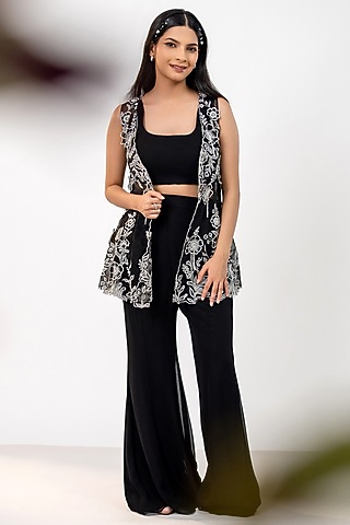 Black Organza Floral Embellished Jacket Set by AANCHAL VIJAYWARGI