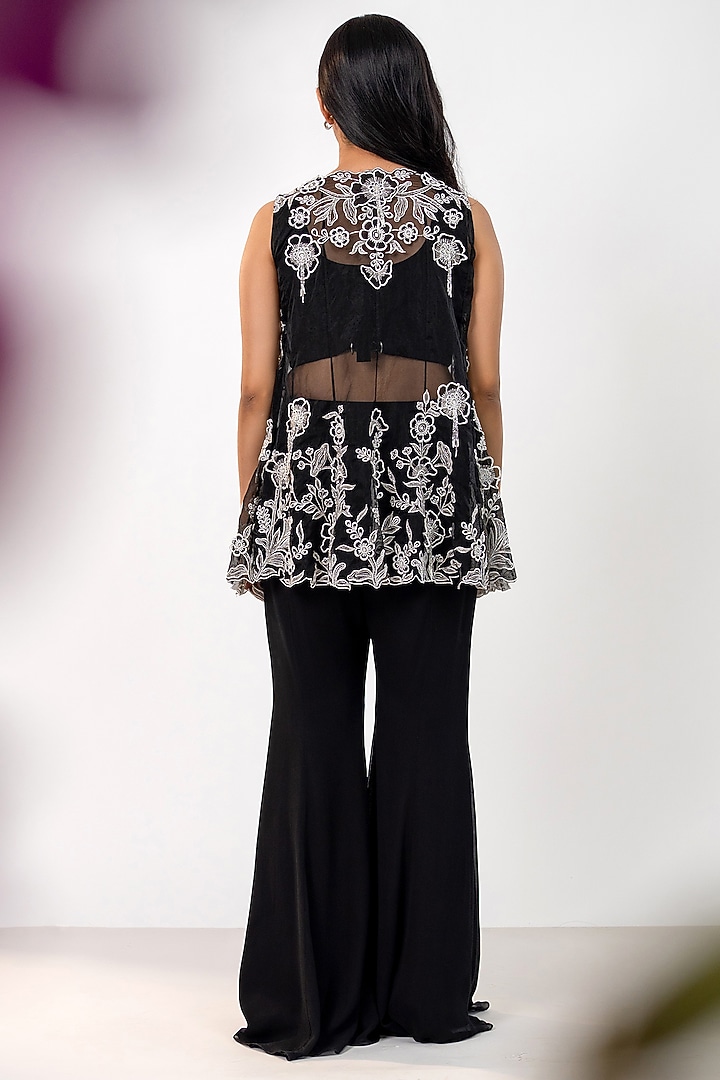 Black Organza Floral Embellished Jacket Set by AANCHAL VIJAYWARGI at Pernia's Pop Up Shop