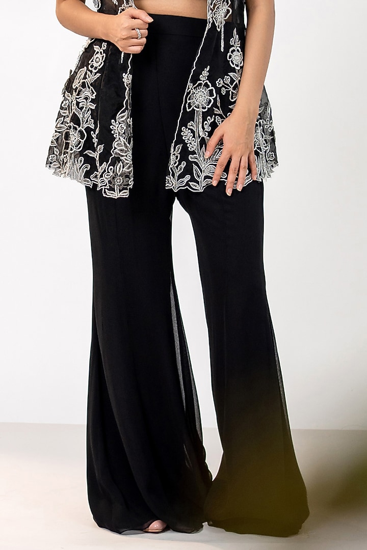 Black Organza Floral Embellished Jacket Set by AANCHAL VIJAYWARGI at Pernia's Pop Up Shop