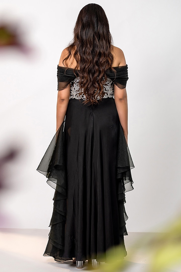 Black Bemberg Satin & Organza Floral Embellished Engagement Gown by AANCHAL VIJAYWARGI at Pernia's Pop Up Shop