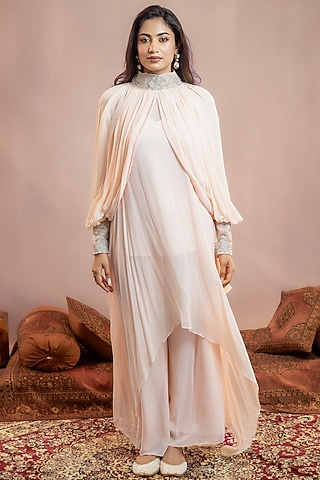 Baby Pink Georgette Floral 3D Embellished Kaftan Set by AANCHAL VIJAYWARGI