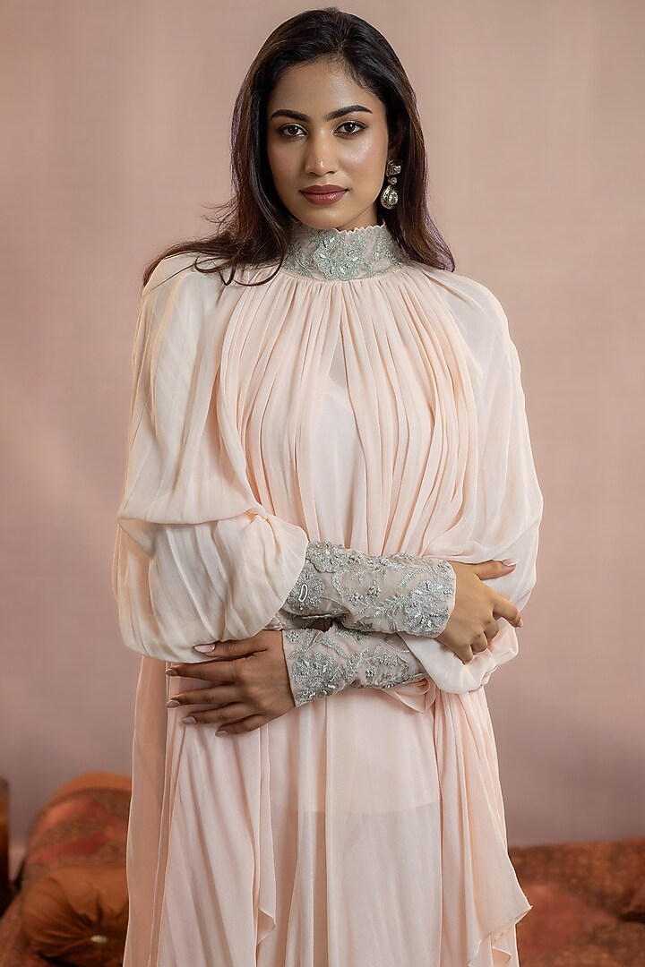 Baby Pink Georgette Floral 3D Embellished Kaftan Set by AANCHAL VIJAYWARGI at Pernia's Pop Up Shop