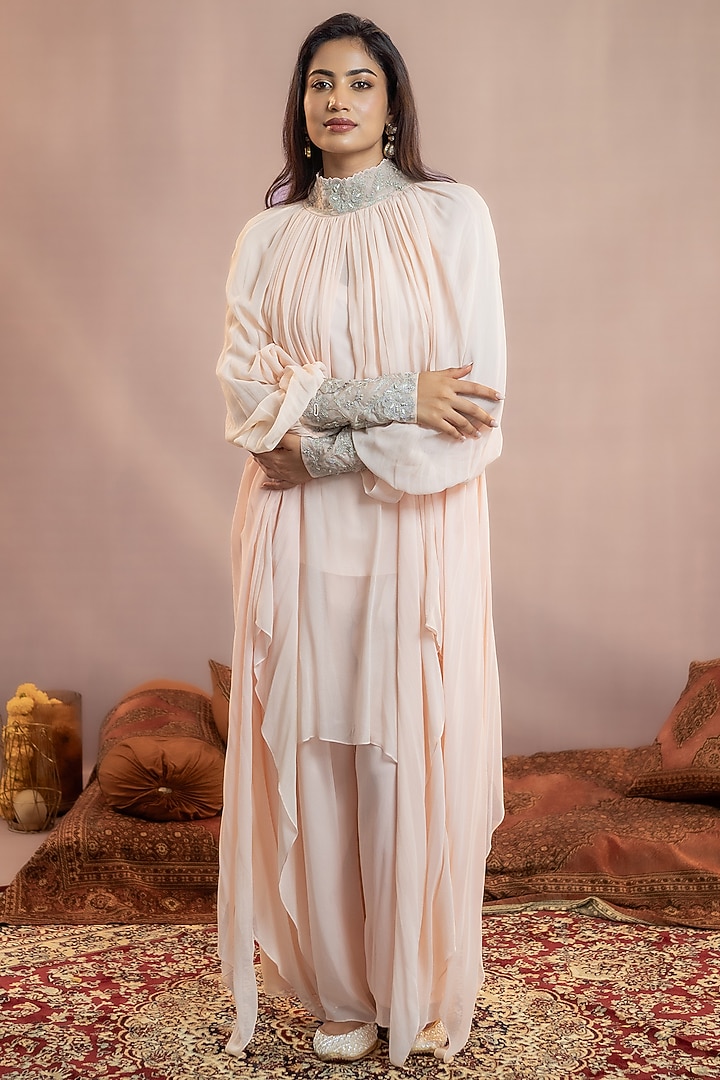 Baby Pink Georgette Floral 3D Embellished Kaftan Set by AANCHAL VIJAYWARGI at Pernia's Pop Up Shop