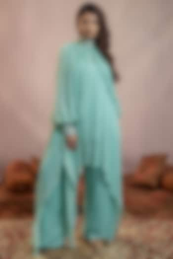 Sea Green Georgette Floral 3D Embellished Kaftan Set by AANCHAL VIJAYWARGI at Pernia's Pop Up Shop