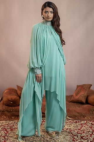 Sea Green Georgette Floral 3D Embellished Kaftan Set by AANCHAL VIJAYWARGI