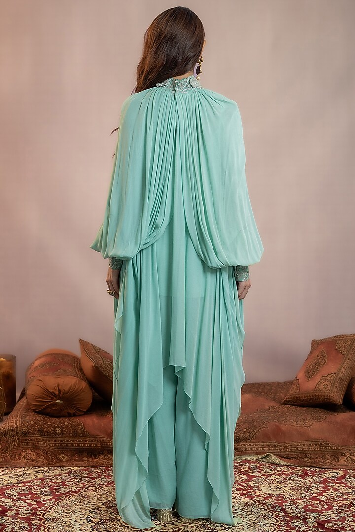 Sea Green Georgette Floral 3D Embellished Kaftan Set by AANCHAL VIJAYWARGI at Pernia's Pop Up Shop