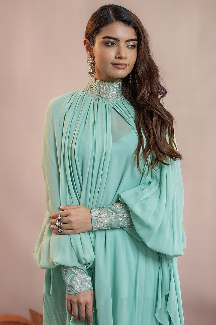 Sea Green Georgette Floral 3D Embellished Kaftan Set by AANCHAL VIJAYWARGI at Pernia's Pop Up Shop