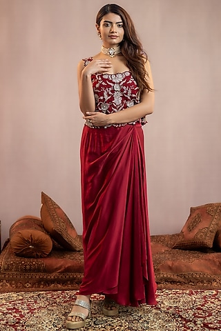 Maroon Shantoon Draped Skirt Set by AANCHAL VIJAYWARGI