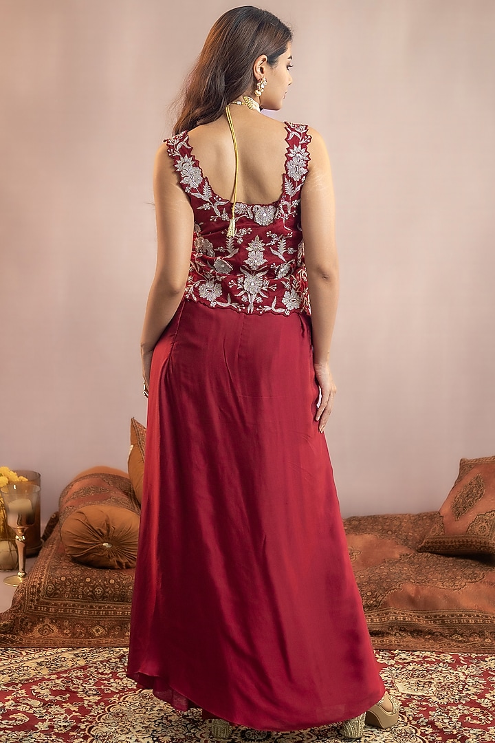 Maroon Shantoon Draped Skirt Set by AANCHAL VIJAYWARGI at Pernia's Pop Up Shop