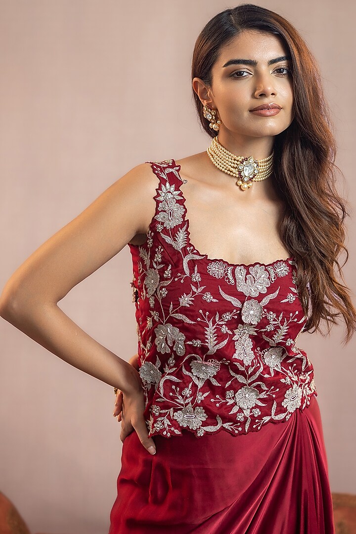 Maroon Shantoon Draped Skirt Set by AANCHAL VIJAYWARGI at Pernia's Pop Up Shop