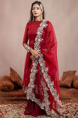 Maroon Organza Kasab Embroidered Anarkali Set by AANCHAL VIJAYWARGI