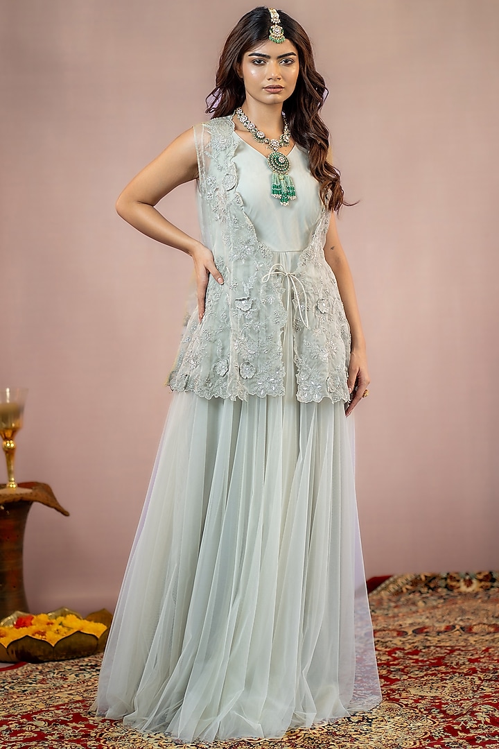 Grey Net Floral Embroidered Gown by AANCHAL VIJAYWARGI