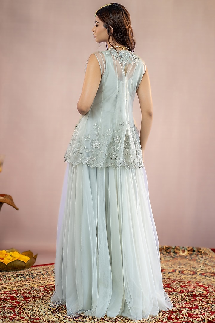Grey Net Floral Embroidered Engagement Gown by AANCHAL VIJAYWARGI at Pernia's Pop Up Shop