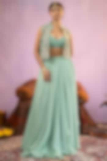 Sea Green Satin Flared Skirt Set by AANCHAL VIJAYWARGI at Pernia's Pop Up Shop