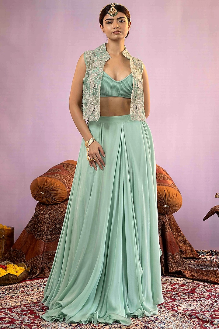 Sea Green Satin Flared Skirt Set by AANCHAL VIJAYWARGI at Pernia's Pop Up Shop