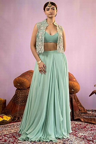 Sea Green Satin Flared Skirt Set by AANCHAL VIJAYWARGI