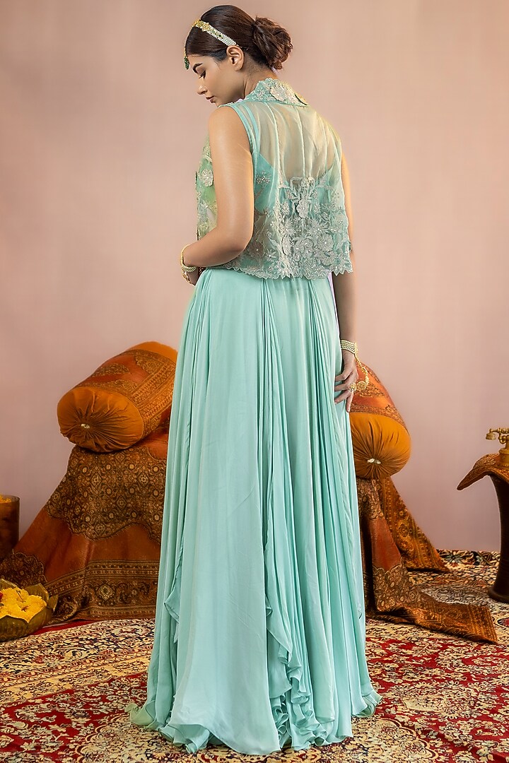 Sea Green Satin Flared Skirt Set by AANCHAL VIJAYWARGI at Pernia's Pop Up Shop