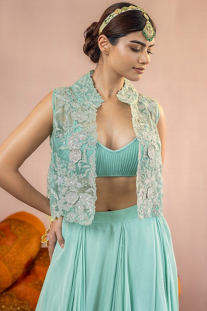 Sea Green Satin Flared Skirt Set by AANCHAL VIJAYWARGI at Pernia's Pop Up Shop
