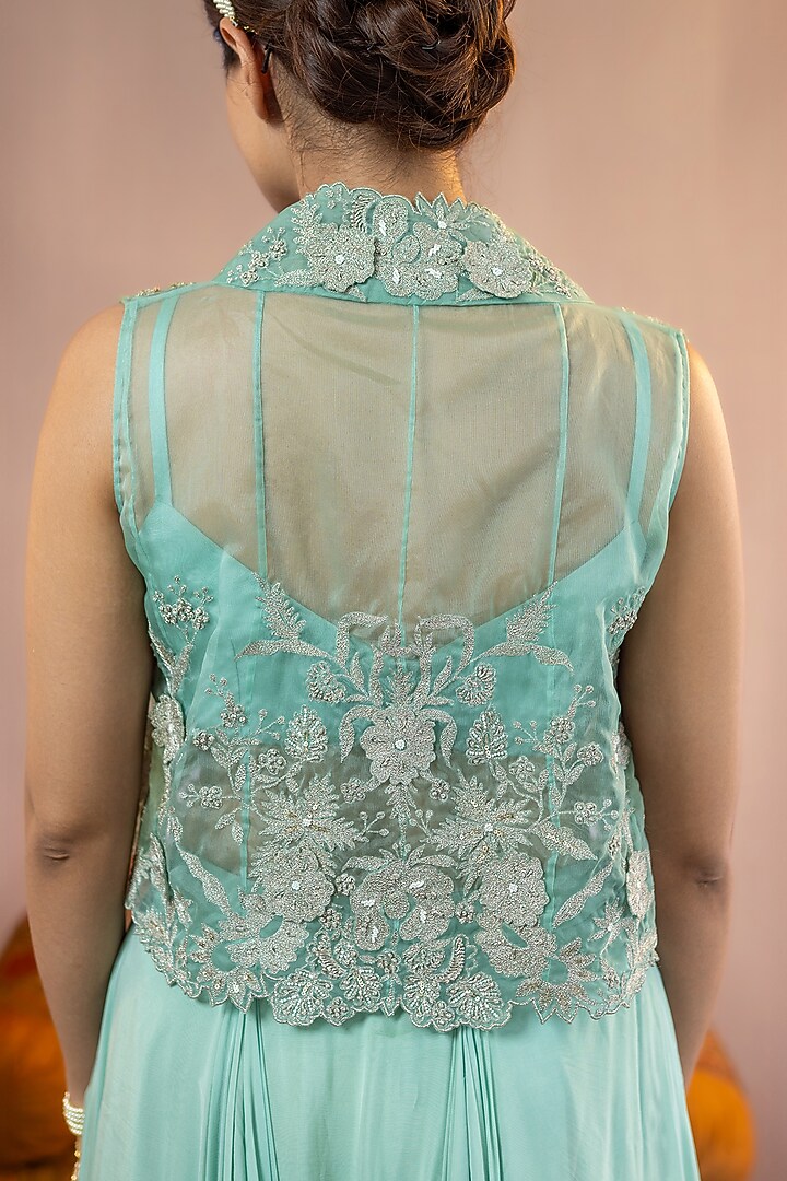 Sea Green Satin Flared Skirt Set by AANCHAL VIJAYWARGI at Pernia's Pop Up Shop