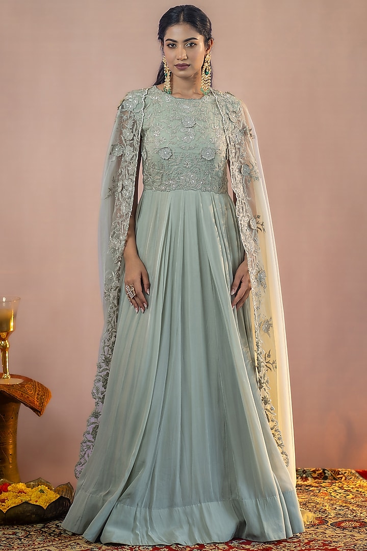 Grey Organza 3D Floral Embroidered Flowy Gown With Cape by AANCHAL VIJAYWARGI at Pernia's Pop Up Shop