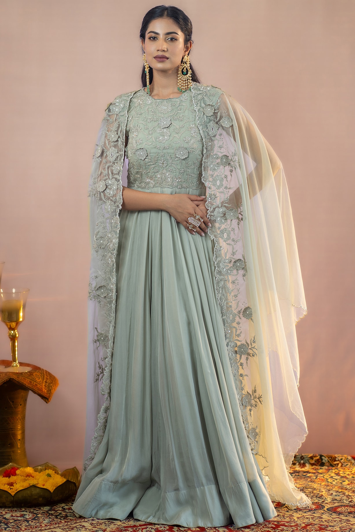 Grey Organza 3D Floral Embroidered Flowy Engagement Gown With Cape by  AANCHAL VIJAYWARGI at Pernia's Pop Up Shop