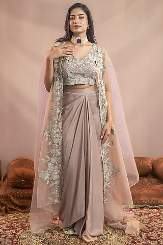 Mauve Pure Silk Draped Skirt Set by AANCHAL VIJAYWARGI