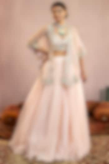 Peach Organza Pleated Skirt Set by AANCHAL VIJAYWARGI at Pernia's Pop Up Shop