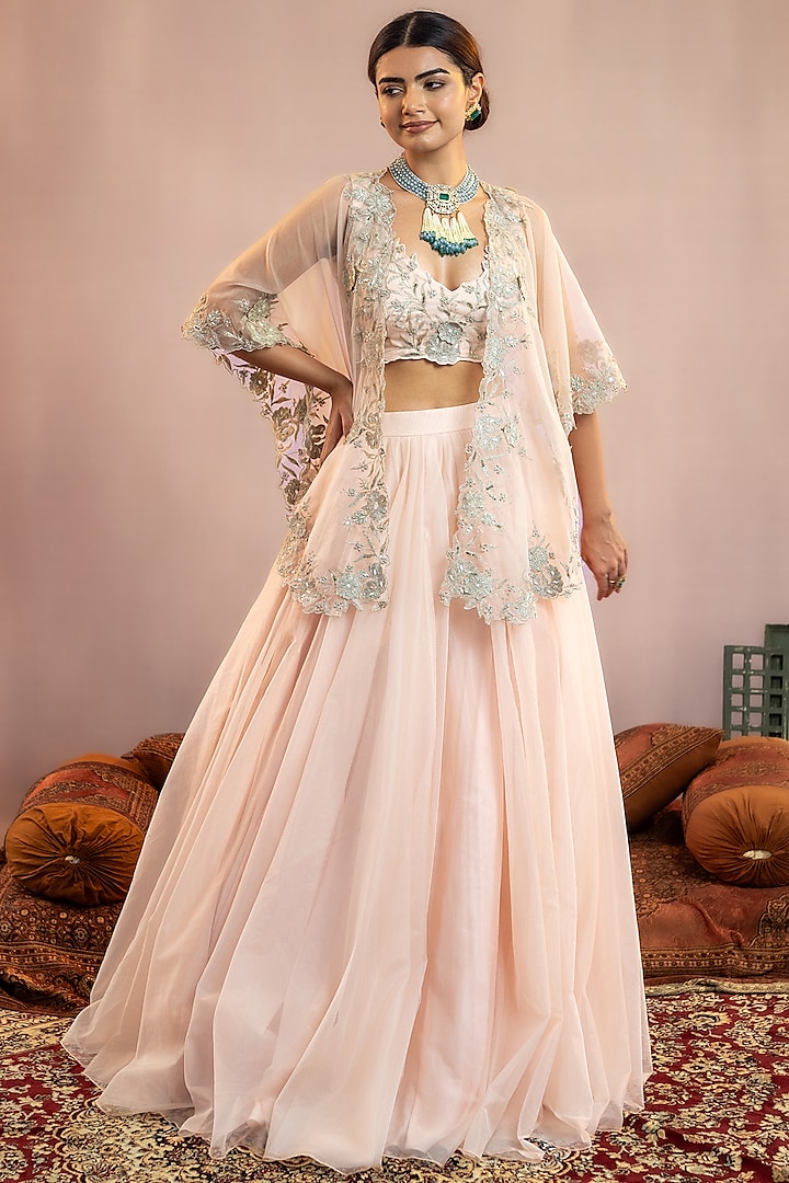 Peach Organza Pleated Skirt Set by AANCHAL VIJAYWARGI at Pernia's Pop Up Shop