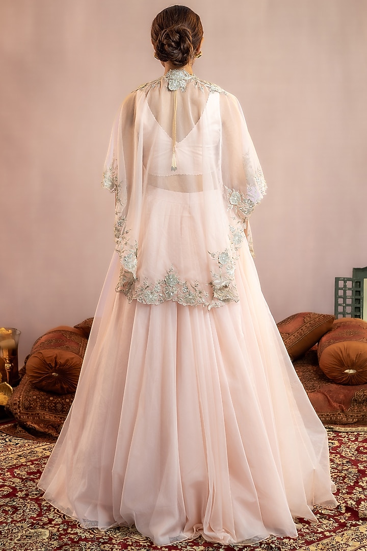 Peach Organza Pleated Skirt Set by AANCHAL VIJAYWARGI at Pernia's Pop Up Shop