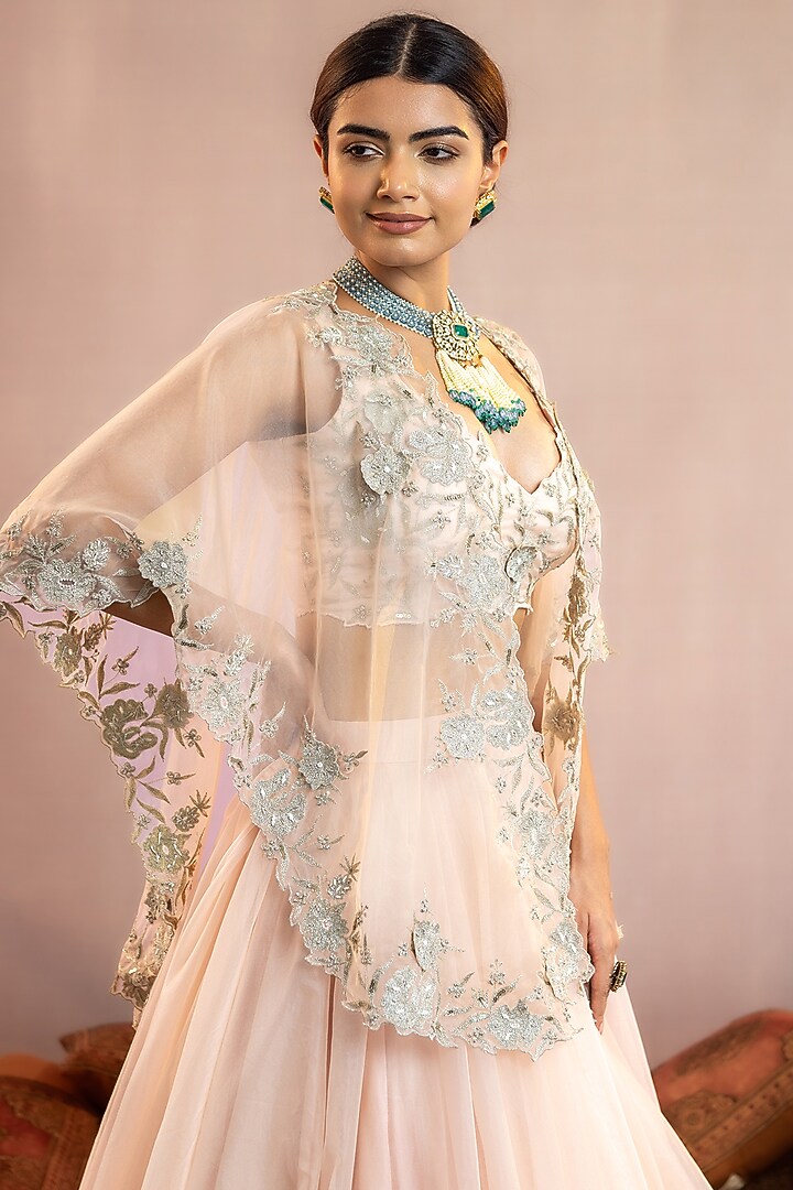 Peach Organza Pleated Skirt Set by AANCHAL VIJAYWARGI at Pernia's Pop Up Shop