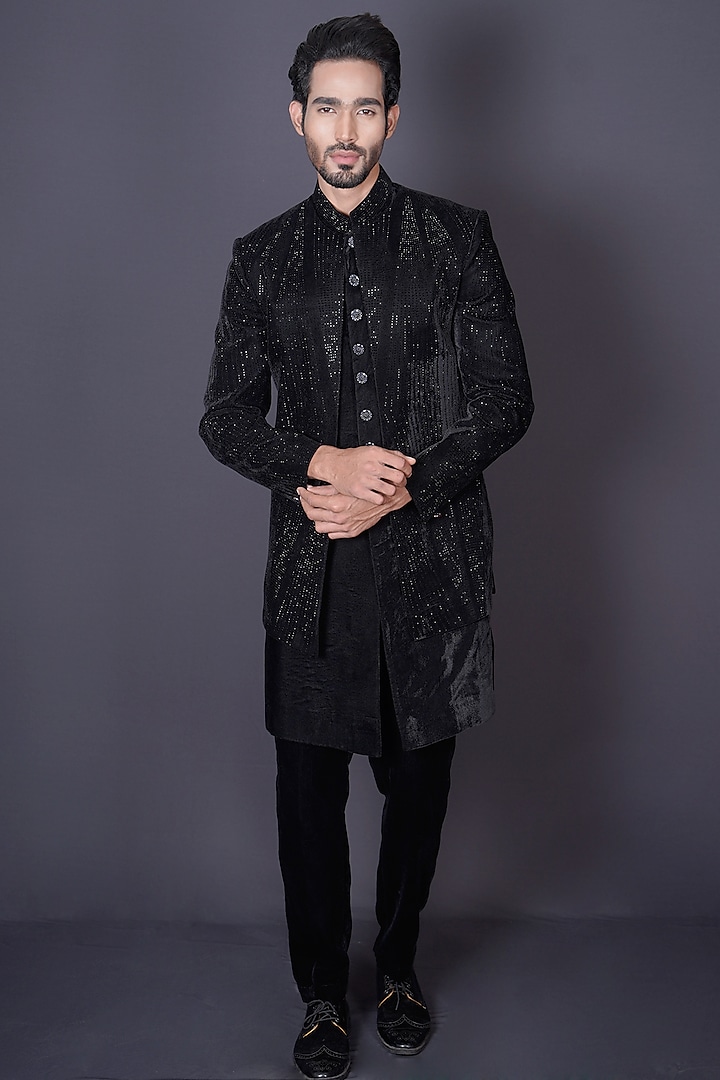 Black Velvet Sequins Hand Embroidered Groom Sherwani Set by Archana Kochhar Men at Pernia's Pop Up Shop