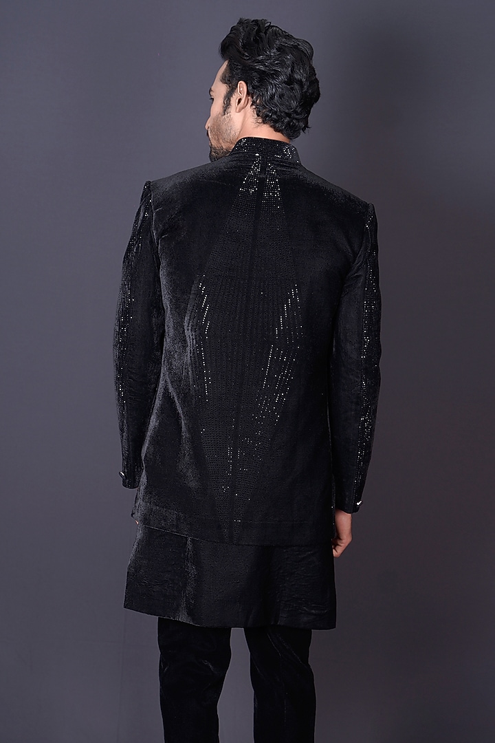 Black Velvet Sequins Hand Embroidered Groom Sherwani Set by Archana Kochhar Men at Pernia's Pop Up Shop