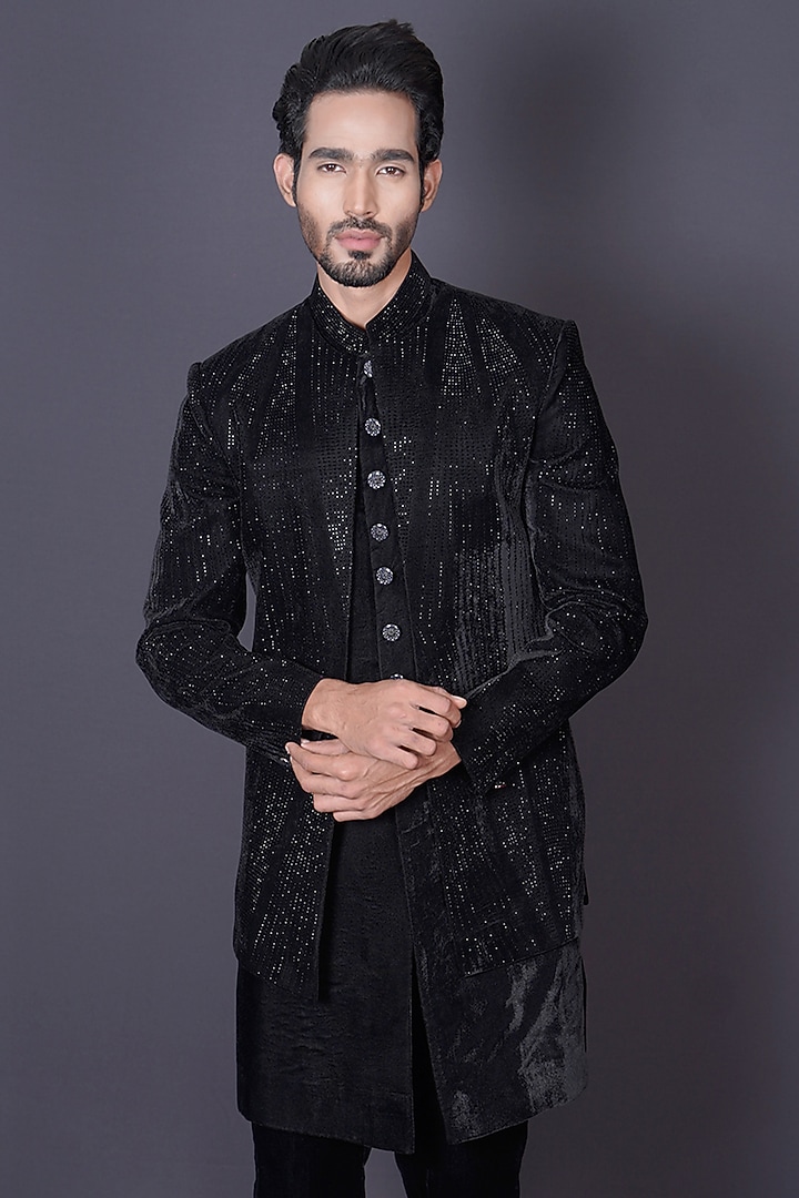 Black Velvet Sequins Hand Embroidered Groom Sherwani Set by Archana Kochhar Men at Pernia's Pop Up Shop