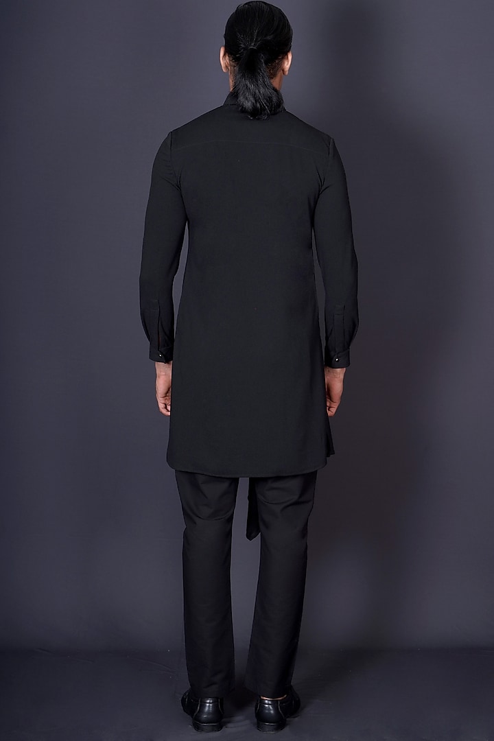 Black Lycra Asymmetrical Pleated Draped Kurta Set by Archana Kochhar Men at Pernia's Pop Up Shop